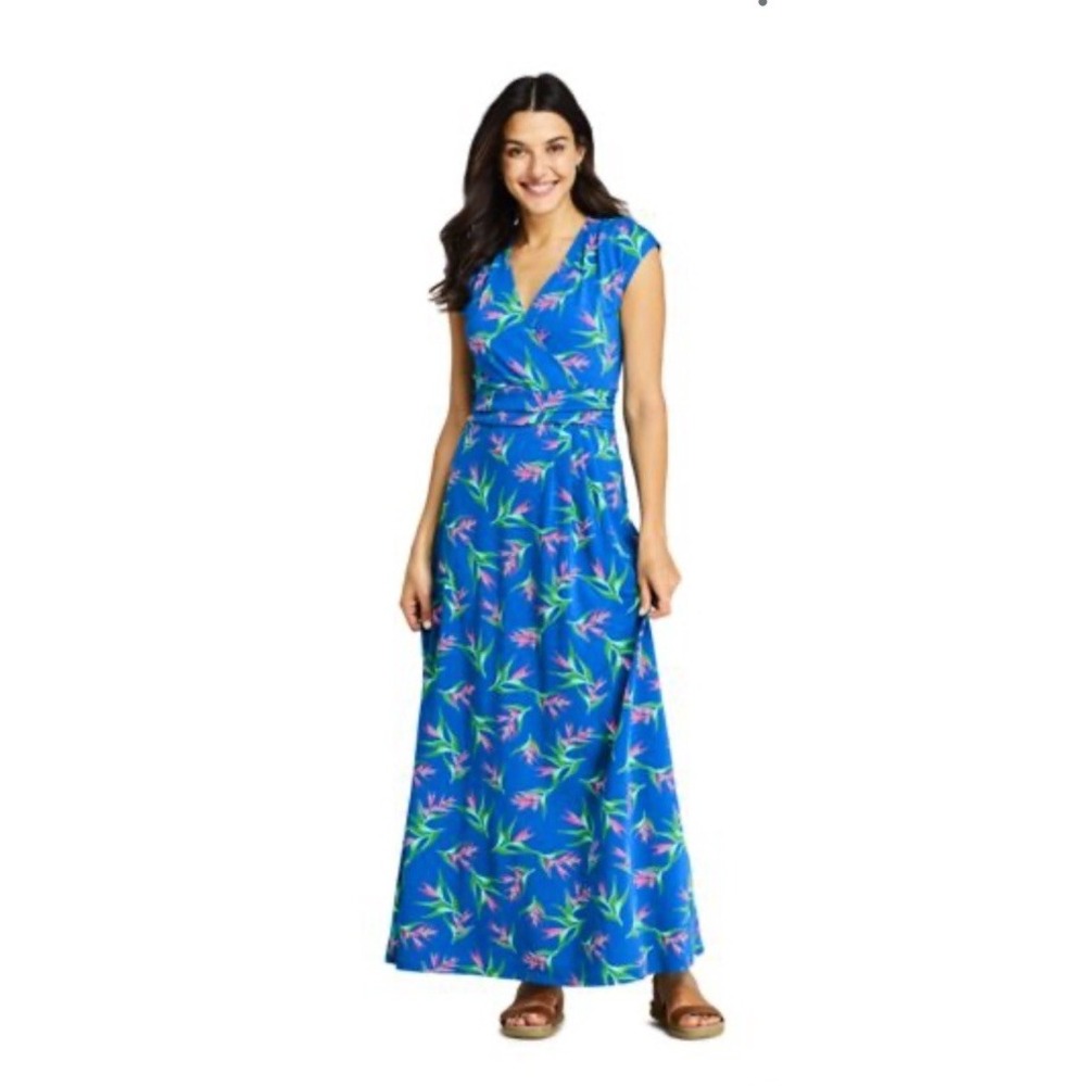 Lands' End Tropical Print Fit‎ & Flair Mock Wrap Dress Size Large